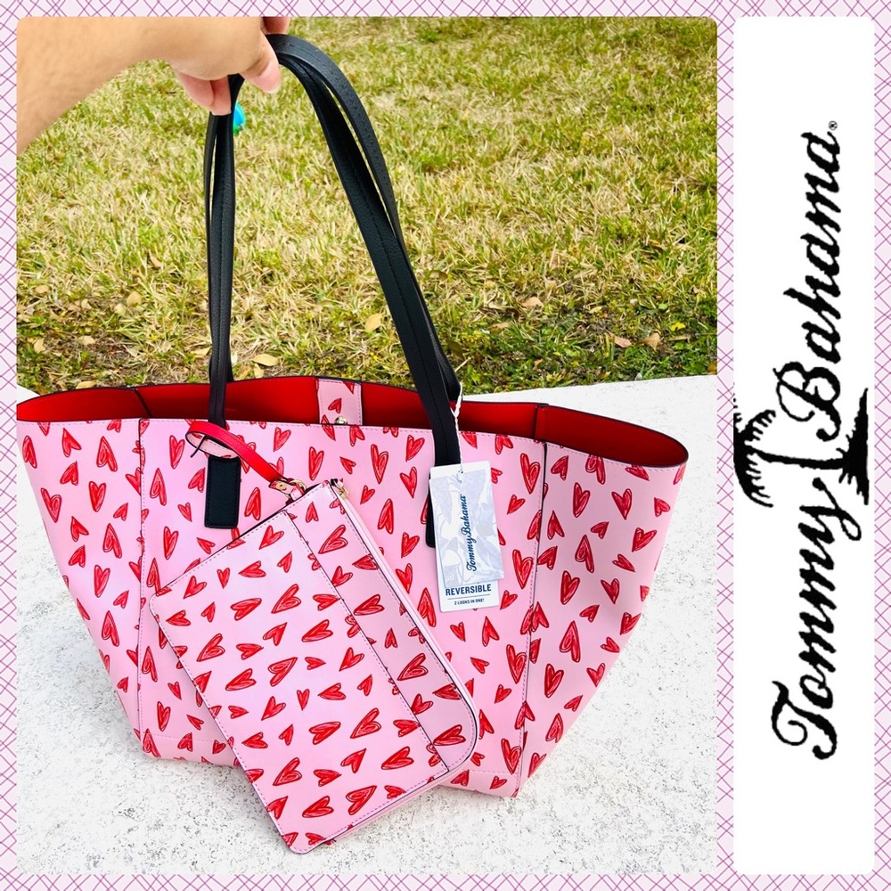 🆕 Tommy Bahama pink red hearts reversible bag